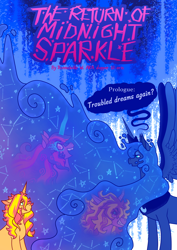 Size: 1280x1812 | Tagged: safe, artist:dapperlilarts, derpibooru import, midnight sparkle, princess luna, sunset satan, sunset shimmer, twilight sparkle, alicorn, unicorn, fanfic:the return of midnight sparkle, g4, constellation hair, cover art, dialogue, fanfic, fanfic art, fanfic cover, female, horn, speech bubble, text