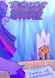 Size: 1280x1812 | Tagged: safe, artist:dapperlilarts, derpibooru import, sunset shimmer, twilight sparkle, unicorn, fanfic:the return of midnight sparkle, g4, clothes, cover art, fanfic, fanfic art, fanfic cover, female, horn, paper, text, throne, twilight's castle, unshorn fetlocks