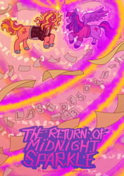 Size: 1280x1812 | Tagged: safe, artist:dapperlilarts, derpibooru import, sunset shimmer, twilight sparkle, twilight sparkle (alicorn), alicorn, unicorn, fanfic:the return of midnight sparkle, g4, clothes, cover art, fanfic, fanfic art, fanfic cover, female, glowing, glowing horn, heart, horn, lesbian, paper, shipping, sunsetsparkle, sweater, text, unshorn fetlocks