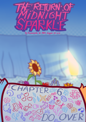 Size: 1280x1812 | Tagged: safe, artist:dapperlilarts, derpibooru import, sunset shimmer, unicorn, fanfic:the return of midnight sparkle, g4, cast, cover art, curtains, doodle, fanfic, fanfic art, fanfic cover, flower, horn, sunflower, sunlight, text