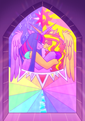 Size: 1280x1812 | Tagged: safe, artist:dapperlilarts, derpibooru import, sunset shimmer, twilight sparkle, alicorn, fanfic:the return of midnight sparkle, g4, alicornified, fanfic art, female, lesbian, race swap, shimmercorn, shipping, stained glass, sunsetsparkle, unshorn fetlocks