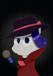 Size: 2480x3508 | Tagged: safe, artist:samenandsam, derpibooru import, rarity, pony, unicorn, g4, rarity investigates, bust, clothes, detective, detective rarity, female, gradient background, hat, high res, looking at you, magic, magic aura, magnifying glass, mare, portrait, rain, smiling, solo, telekinesis