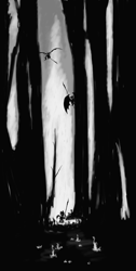 Size: 1005x2000 | Tagged: artist needed, safe, derpibooru import, bat pony, creepy, forest, grayscale, monochrome, nature, silhouette, tree, weapon