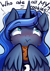 Size: 935x1323 | Tagged: safe, artist:chaosangeldesu, derpibooru import, princess luna, alicorn, pony, g4, cookie, cookie thief, cute, eating, food, lunabetes, offscreen character, simple background, solo, sweat, sweatdrops, this will end in a trip to the moon, uh oh, white background, wing hold, wings