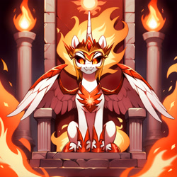 Size: 3200x3200 | Tagged: safe, ai content, derpibooru import, machine learning generated, daybreaker, alicorn, pony, g4, cat eyes, crown, fangs, fire, generator:bluefox mix, jewelry, looking at you, mane of fire, prompt in description, prompter:derp621, regalia, sitting, slit eyes, solo, throne