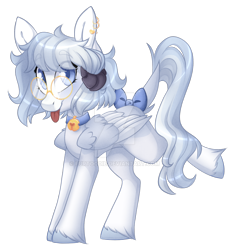 Size: 1280x1397 | Tagged: safe, artist:furtoodie, derpibooru import, oc, oc:snow pup, pegasus, pony, bow, deviantart watermark, female, glasses, horns, mare, obtrusive watermark, simple background, solo, tail, tail bow, tongue, tongue out, transparent background, watermark