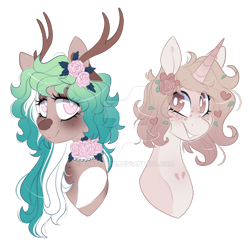 Size: 1024x994 | Tagged: safe, artist:furtoodie, derpibooru import, oc, oc only, oc:rose bud, oc:rosey posey, deer, deer pony, hybrid, original species, pony, unicorn, deviantart watermark, female, horn, mare, obtrusive watermark, simple background, transparent background, watermark