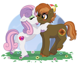 Size: 7480x6155 | Tagged: safe, artist:liv-and-b-merry, derpibooru import, button mash, sweetie belle, earth pony, pony, unicorn, absurd resolution, blushing, cloven hooves, colt, eyeshadow, female, filly, flower, foal, grass, hat, horn, hug, kiss on the cheek, kissing, makeup, male, propeller hat, redraw, shipping, simple background, straight, sweetiemash, transparent background