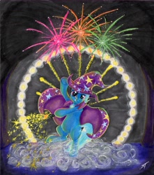 Size: 9899x11214 | Tagged: safe, artist:trance-wave, derpibooru import, trixie, pony, unicorn, g4, bipedal, female, fireworks, horn, mare, smoke, solo, sparkler (firework), stage, traditional art, underhoof