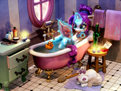 Size: 2160x1620 | Tagged: safe, artist:harwick, derpibooru import, opalescence, rarity, cat, pony, unicorn, g4, bathing, bathtub, horn, indoors, romance novel