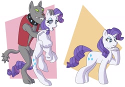 Size: 1674x1162 | Tagged: safe, artist:vytz, derpibooru import, rarity, rover, diamond dog, pony, unicorn, g4, before and after, bodysuit, clothes, colored, commission, cosplay, costume, disguise, dressing, horn, mask, masking, passepartout, pony costume, ponysuit, transformation