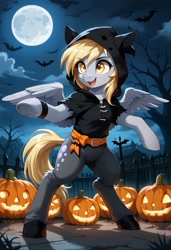 Size: 832x1216 | Tagged: safe, ai content, derpibooru import, generator:pony diffusion v6 xl, generator:stable diffusion, machine learning generated, derpy hooves, pegasus, pony, semi-anthro, g4, belt, bipedal, clothes, costume, female, halloween, halloween costume, holiday, hood, hoodie, jack-o-lantern, looking to side, looking to the left, mare, moon, night, open mouth, open smile, outdoors, pants, pointing, prompter:gregorymars, pumpkin, smiling, solo, standing