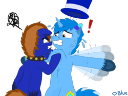 Size: 954x720 | Tagged: safe, artist:💎blue, derpibooru import, oc, oc:blueshield, oc:emna tempest, pegasus, unicorn, aggressive, angry, choker, exclamation point, female, grab, gritted teeth, hat, holding, horn, male, mare, panic, pulling, scared, simple background, spiked choker, stallion, sweat, sweatdrops, teeth, top hat, transparent background, wings