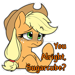 Size: 5000x5000 | Tagged: safe, artist:derpydoodesigns, derpibooru import, applejack, pony, g4, color, concern, female, general, solo, sticker, sugarcube, talking to viewer, worried