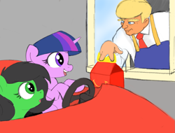 Size: 1127x856 | Tagged: safe, artist:phoneypony, twilight sparkle, unicorn twilight, oc, oc:anon filly, earth pony, human, pony, unicorn, car, donald trump, drive thru, female, filly, foal, happy meal, human male, male, mare, mcdonald's, simple background