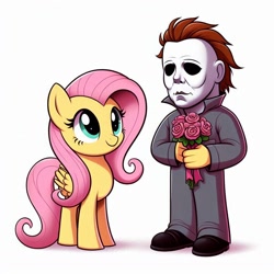 Size: 1024x1024 | Tagged: safe, ai content, derpibooru import, machine learning generated, fluttershy, g4, flower, halloween (movie), michael myers, prompter:bluey2309, simple background, white background