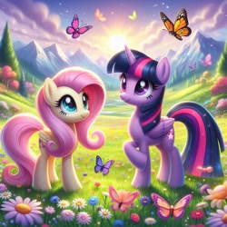 Size: 1024x1024 | Tagged: safe, ai content, derpibooru import, generator:bing image creator, generator:dall-e 3, machine learning generated, fluttershy, twilight sparkle, twilight sparkle (alicorn), alicorn, butterfly, pegasus, g4, flower, mountain, nature, outdoors, prompter:bluey2309, three legged, tree