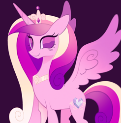 Size: 1754x1782 | Tagged: safe, artist:risswm, derpibooru import, princess cadance, alicorn, pony, g4, alternate cutie mark, dark background, female, jewelry, looking at you, mare, no catchlights, no pupils, peytral, purple background, simple background, smiling, smiling at you, solo, spread wings, thin, tiara, wings