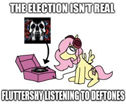 Size: 817x685 | Tagged: safe, artist:punkittdev, derpibooru import, fluttershy, pegasus, pony, g4, alternate hairstyle, big eyes, current events, deftones, election, female, headphones, impact font, looking back, mare, no mouth, record, record player, sitting, solo, spread wings, text, wings