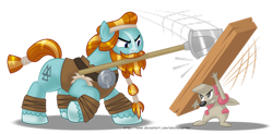 Size: 1276x626 | Tagged: safe, artist:aleximusprime, derpibooru import, rockhoof, pony, g4, commission, duo, male, motion lines, mouth hold, plank, pokémon, raised hoof, raised leg, rockhoof's shovel, shovel, simple background, sparring, stallion, timburr, transparent background, wood