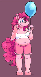 Size: 828x1571 | Tagged: safe, artist:beastofeuthanasia, derpibooru import, pinkie pie, anthro, earth pony, unguligrade anthro, balloon, breasts, chubby, clothes, female, pinkie pies, shirt, shorts, smiling, solo, waving