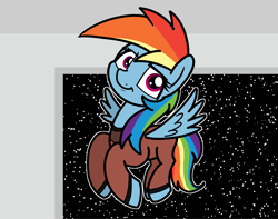 Size: 2048x1614 | Tagged: safe, artist:ewoudcponies, derpibooru import, rainbow dash, pegasus, pony, g4, clothes, flying, looking at you, smiling, smiling at you, solo, space, spaceship, spread wings, uniform, wings