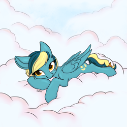 Size: 1843x1843 | Tagged: safe, artist:soff, derpibooru import, oc, oc only, oc:dusty feather, pegasus, pony, cloud, female, folded wings, looking at you, lying down, lying on a cloud, mare, on a cloud, orange eyes, pegasus oc, prone, smiling, smiling at you, solo, wings