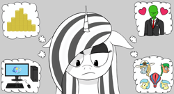 Size: 3840x2072 | Tagged: safe, artist:snobtavia, derpibooru import, oc, oc:anon, oc:fair flyer, oc:gloomy day, oc:matinee, oc:morning mimosa, oc:soiree, pony, unicorn, bits, computer, horn, mare fair