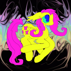 Size: 2048x2048 | Tagged: safe, artist:larvaecandy, derpibooru import, fluttershy, pegasus, pony, g4, abstract background, alternate eye color, big eyes, blue eyes, colored, colored sclera, curly eyelashes, ears, eyelashes, female, flat colors, floppy ears, folded wings, green sclera, high res, long ears, long legs, mare, multicolored background, no catchlights, no mouth, no pupils, pink mane, pink tail, profile, rainbow background, saturated, small wings, solo, tail, wings, yellow coat