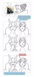 Size: 1840x4096 | Tagged: safe, artist:opalacorn, derpibooru import, oc, oc only, oc:frost bite, oc:void, deer, deer pony, hybrid, original species, pegasus, pony, comic, dialogue, duo, duo male and female, eating, elf (movie), female, food, grayscale, hair bun, laurel wreath, male, mare, mole, monochrome, nose piercing, nose ring, partial color, piercing, popcorn, simple background, speech bubble, sweat, sweatdrop, television, white background