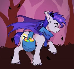 Size: 3000x2835 | Tagged: safe, artist:opalacorn, derpibooru import, oc, oc only, oc:thunder run, bat pony, pony, apple, autumn, bag, bat pony oc, clothes, eyes closed, food, forest, male, nature, nose scar, outdoors, saddle bag, scar, scarf, smiling, solo, stallion, tree, unshorn fetlocks, zap apple