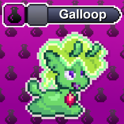 Size: 1024x1024 | Tagged: safe, artist:yotesmark, derpibooru import, smooze, oc, oc only, oc:galloop, goo, goo pony, original species, pony, g4, antennae, battle gem ponies, crossover, digital art, gem, glowing mane, pixel art, pokémon, ponymon, slime, text, video game