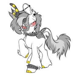 Size: 1200x1200 | Tagged: safe, artist:opalacorn, derpibooru import, oc, oc only, oc:keenan, kirin, choker, cloven hooves, commission, ear piercing, earring, grayscale, horn, horn jewelry, jewelry, kirin oc, lip piercing, monochrome, partial color, piercing, red sclera, simple background, snake bites, solo, spiked wristband, studded choker, white background, wristband