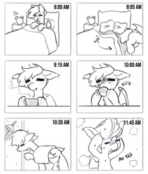 Size: 1602x1889 | Tagged: safe, artist:opalacorn, derpibooru import, oc, oc only, oc:selena (reddthebat), bat pony, pony, bat pony oc, bed, black and white, comic, commission, cup, drink, drinking, food, freckles, grayscale, in bed, monochrome, no dialogue, shower, simple background, solo, tea, teacup, towel, towel on head, white background