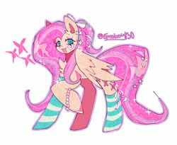 Size: 1763x1448 | Tagged: safe, artist:emoboy130, derpibooru import, fluttershy, pegasus, pony, g4, :3, accessory, alternate hairstyle, alternate mane color, alternate tail color, bow, bracelet, clothes, colored hooves, colored pinnae, ear fluff, ears, eyelashes, female, filter, folded wings, hair accessory, hair bow, hairclip, hooves, jewelry, long mane, long socks, long tail, looking at you, mane accessory, mane clip, mare, multicolored mane, multicolored tail, open mouth, open smile, outline, pearl bracelet, pink hooves, pink mane, pink tail, pink text, ponytail, raised hoof, raised leg, shiny hooves, signature, simple background, smiling, smiling at you, socks, solo, sparkles, sparkly mane, sparkly tail, standing, standing on three hooves, striped mane, striped socks, striped tail, tail, tail accessory, tail clip, teal eyes, three quarter view, tied mane, white background, white bow, wings, yellow coat