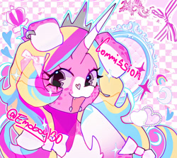 Size: 1987x1775 | Tagged: safe, artist:emoboy130, derpibooru import, oc, oc only, oc:minkly twinkly, dog, dog pony, original species, unicorn, bow, bridge piercing, bust, checkered background, coat markings, collage, colored eartips, colored hooves, colored horn, colorful, commission, crescent moon, crown, dog ears, ear markings, ear piercing, earring, eye clipping through hair, eyelashes, facial markings, fairy kei, floating crown, floating heart, gradient legs, gray eyes, hair accessory, hair bow, heart, heart mark, hooves, horn, jewelry, lip piercing, long horn, long mane, mane accessory, mirror, moon, open mouth, open smile, outline, piercing, pink coat, pink text, ponysona, raised hoof, raised leg, regalia, shiny hooves, shiny mane, signature, smiling, snake bites, snip (coat marking), socks (coat marking), solo, sparkles, star mark, stars, three quarter view, three toned ears, three toned mane, two toned horn, unicorn horn, unicorn oc, white bow