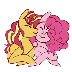 Size: 600x600 | Tagged: safe, artist:lapis, color edit, derpibooru import, edit, pinkie pie, sunset shimmer, colored, cute, duo, duo female, female, kiss on the cheek, kissing, lesbian, ship:sunsetpie, shipping, simple background, white background