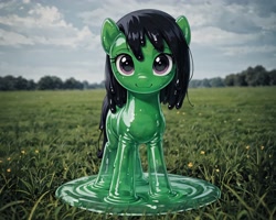 Size: 3200x2560 | Tagged: safe, ai content, derpibooru import, machine learning generated, oc, oc:anon filly, goo, goo pony, original species, black mane, black tail, day, detailed background, female, filly, foal, grass, looking at you, outdoors, prompter:darbarri, purple eyes, slime, smiling, smiling at you, solo, tail