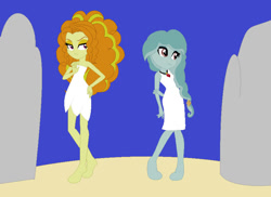 Size: 882x642 | Tagged: safe, artist:heartpawphoenix16, derpibooru import, adagio dazzle, oc, oc:turquesa, comic:the siren and the seamare, equestria girls, g4, duo, female, gem, rock, siren gem, white dress