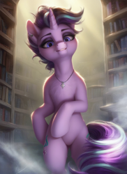 Size: 1024x1408 | Tagged: safe, ai content, derpibooru import, machine learning generated, starlight glimmer, semi-anthro, unicorn, g4, belly, bipedal, chest fluff, ear piercing, female, fog, horn, humanoid torso, indoors, jewelry, library, mare, necklace, piercing, prompter:ilham470, smiling, solo, sternocleidomastoid