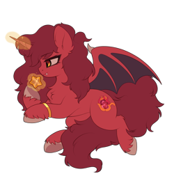 Size: 2000x2000 | Tagged: safe, artist:alunedoodle, derpibooru import, oc, oc only, oc:wyldfyre, alicorn, bat pony, pony, bat wings, bracelet, chest fluff, fangs, female, glowing, glowing horn, horn, jewelry, solo, stars, unshorn fetlocks, wings