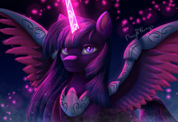 Size: 2273x1554 | Tagged: safe, artist:angelwingsmlpfim, derpibooru import, twilight sparkle, alicorn, pony, g4, female, glowing, glowing horn, horn, looking at you, magic, mare, night, nightmare twilight, nightmarified, original style, signature, simple background, solo, spread wings, wings