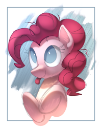 Size: 720x900 | Tagged: safe, artist:elviraidx, derpibooru import, pinkie pie, earth pony, pony, abstract background, bust, female, looking up, mare, out of frame, portrait, solo, tongue, tongue out, white pupils