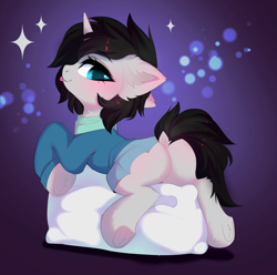 Size: 3800x3772 | Tagged: safe, artist:empress-twilight, derpibooru import, oc, oc only, oc:cyan delta, pony, unicorn, :p, blushing, butt, clothes, commission, dock, ear fluff, ears, eyebrows, eyebrows visible through hair, female, fluffy, gradient background, hoodie, horn, leg fluff, looking back, lying down, mare, pillow, plot, prone, raised tail, rule 63, scarf, skirt, smiling, solo, sparkles, tail, tongue, tongue out, underhoof, unicorn oc, ych result