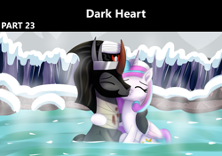 Size: 1920x1355 | Tagged: safe, artist:platinumdrop, derpibooru import, king sombra, princess flurry heart, alicorn, pony, unicorn, comic:dark heart, g4, alternate timeline, bandage, blood, blushing, comic, commission, crown, crystal, crystal empire, cuddling, cute, dark crystal, duo, embrace, evil flurry heart, eyes closed, female, folded wings, horn, hot springs, husband and wife, injured, jewelry, kissing, love, male, mare, married couple, mountain, mountain range, older, older flurry heart, onsen, outdoors, regalia, rock, ship:flurrybra, shipping, sitting, snow, snuggling, stallion, straight, towel, victorious villain, wings