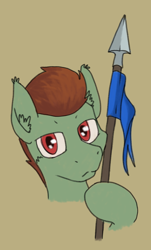 Size: 1870x3104 | Tagged: safe, artist:al solae, derpibooru import, oc, oc only, oc:aegis, earth pony, pony, earth pony oc, male, red eyes, royal guard, solo, spear, stallion, weapon