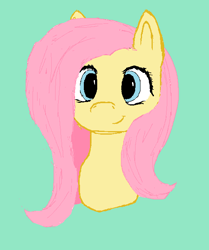 Size: 546x652 | Tagged: safe, artist:sacrious, derpibooru import, fluttershy, pegasus, pony, g4, blue eyes, grin, ms paint, pink hair, pink mane, pink tail, simple background, smiling, solo, tail, yellow coat