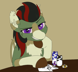 Size: 4853x4530 | Tagged: safe, artist:al solae, derpibooru import, oc, oc only, oc:runner-runner, bat pony, bat pony oc, chest fluff, ear fluff, ears, female, fluffy, gambling, looking at you, mare, playing card, poker, poker chips, purple eyes, smiling, smirk, smug, solo