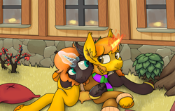 Size: 1627x1028 | Tagged: safe, artist:al solae, derpibooru import, oc, oc only, oc:jack o'lantern, oc:rune tracer, pony, unicorn, cuddling, female, glowing, glowing horn, horn, male, mare, outdoors, pony town, snuggling, stallion, unicorn oc