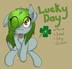 Size: 3104x2952 | Tagged: safe, artist:al solae, derpibooru import, oc, oc only, oc:lucky day, pony, unicorn, :p, eye clipping through hair, female, horn, looking at you, looking up, looking up at you, mare, orange eyes, sitting, smol, tongue, tongue out, unicorn oc